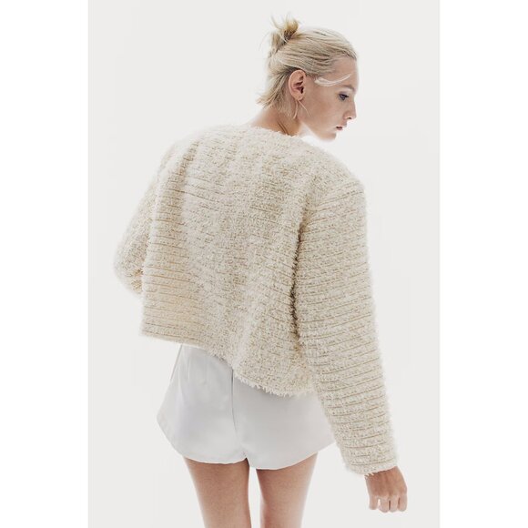 NWT H&M cream beige textured weave glitter thread short jacket, L - Picture 4 of 8